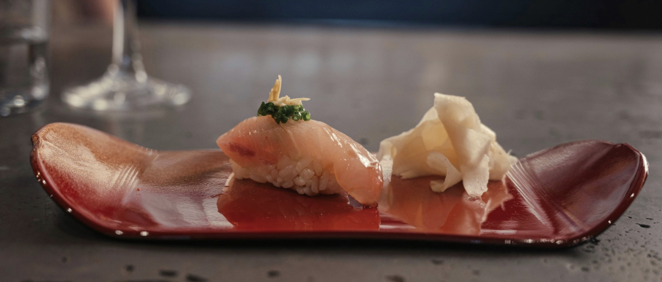 Kingfish sushi and gari (Japanese pickled ginger)
